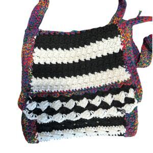 Crochet Purse Hand Made Multicolor Black And White Flap Closure Long Strap‎